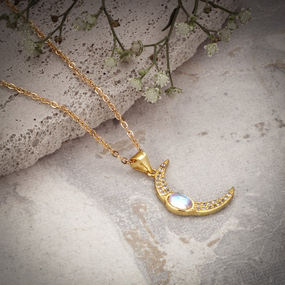 Golden Zircon Moon Pendant With Link Chain