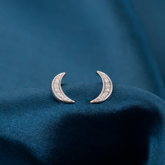 Silver Diamond Crescent Stud Earrings