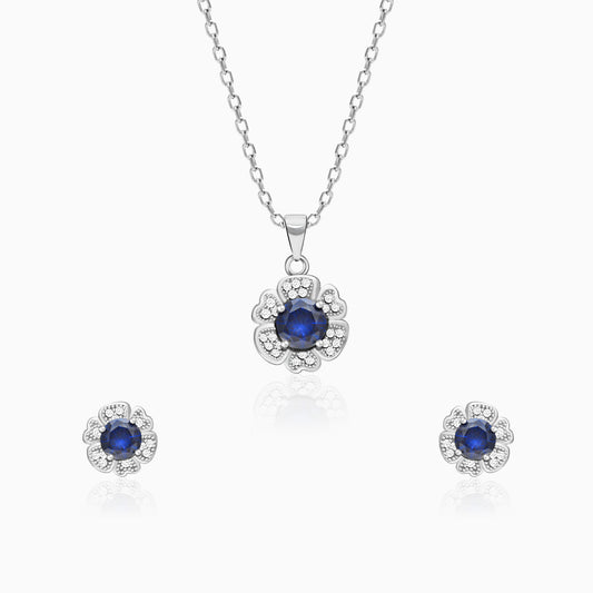 Silver Royal Blue Bloom Pendant Set